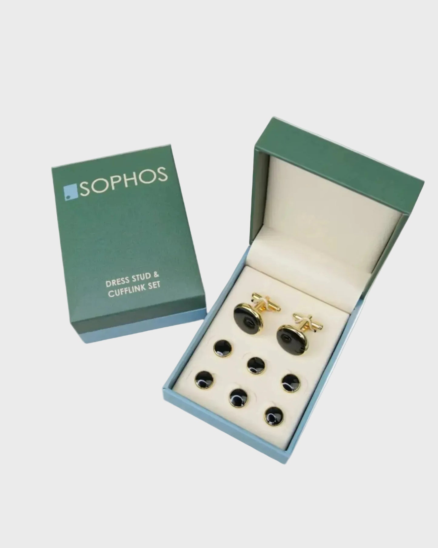 Sophos dress stud and cufflink set in an open box on a white background