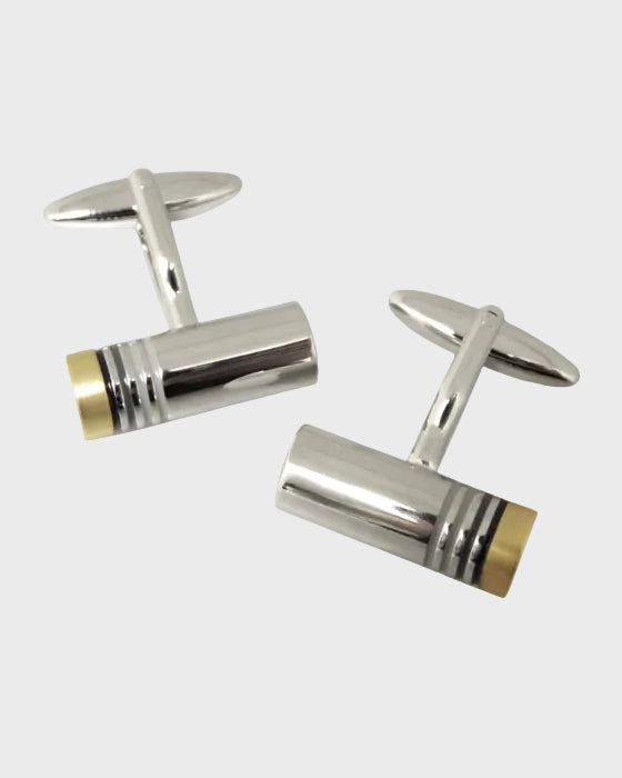 Pair of gold and black rhodium cufflinks on a white background