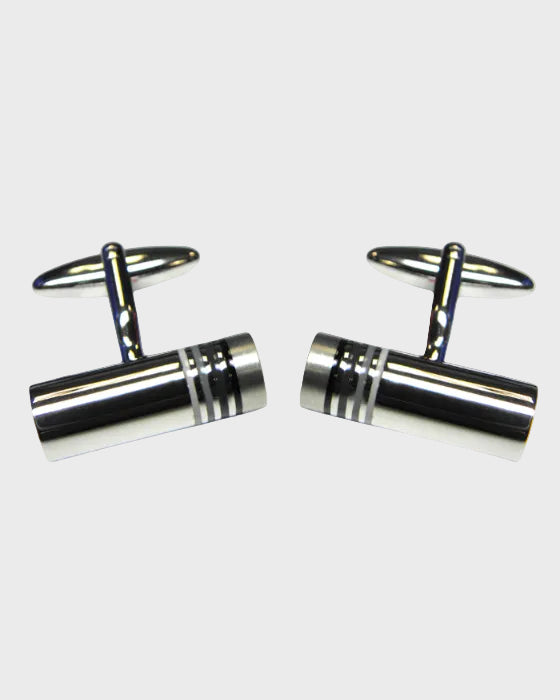 Pair of black rhodium cufflinks on a white background