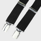 Black braces with silver clips on a light gray background