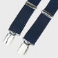 Pair of navy blue braces with silver clips on a light gray background