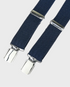 Pair of navy blue braces with silver clips on a light gray background