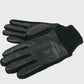 Pair of black leather gloves with ribbed cuffs on a light gray background