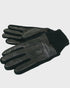 Pair of black leather gloves with ribbed cuffs on a light gray background