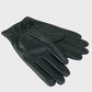 Pair of black leather gloves on a light gray background