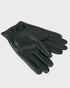 Pair of black leather gloves on a light gray background