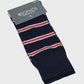 Navy sock with red and white stripes on a gray background