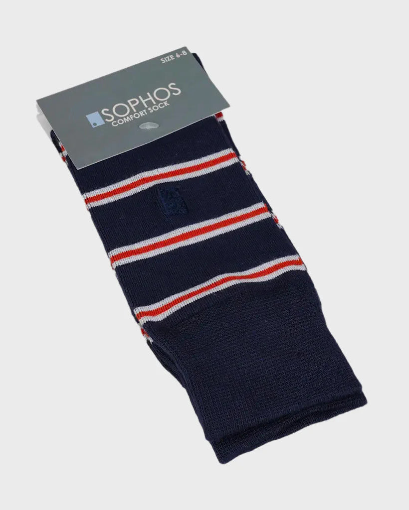Navy sock with red and white stripes on a gray background