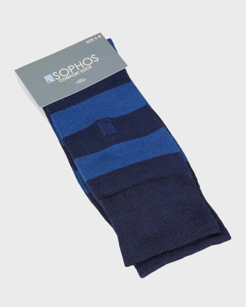 Packaged blue and navy striped socks with 'Sophos' branding on a light gray background