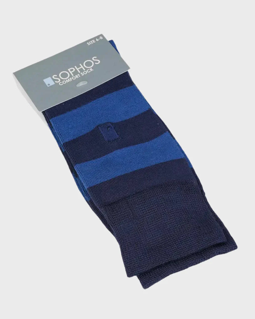 Packaged blue and navy striped socks with 'Sophos' branding on a light gray background