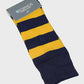 Navy and yellow striped sock with 'Sophos' branding on a light gray background