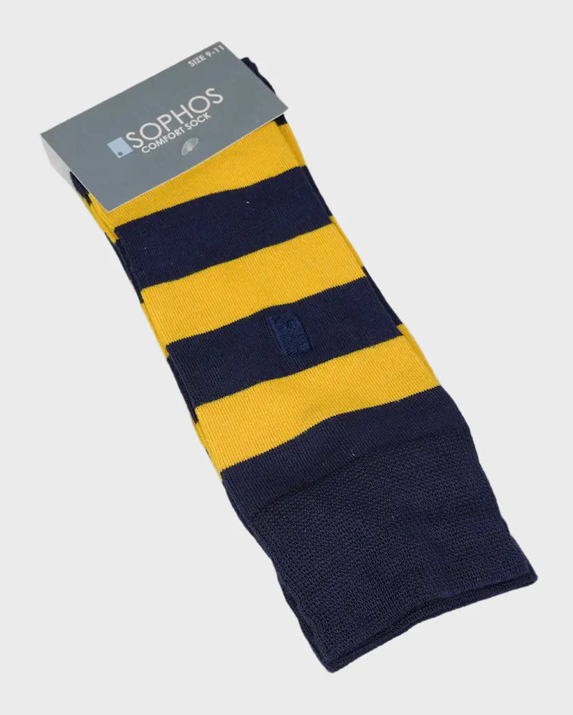 Navy and yellow striped sock with 'Sophos' branding on a light gray background