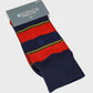 Packaged sock with red and navy stripes on a light gray background