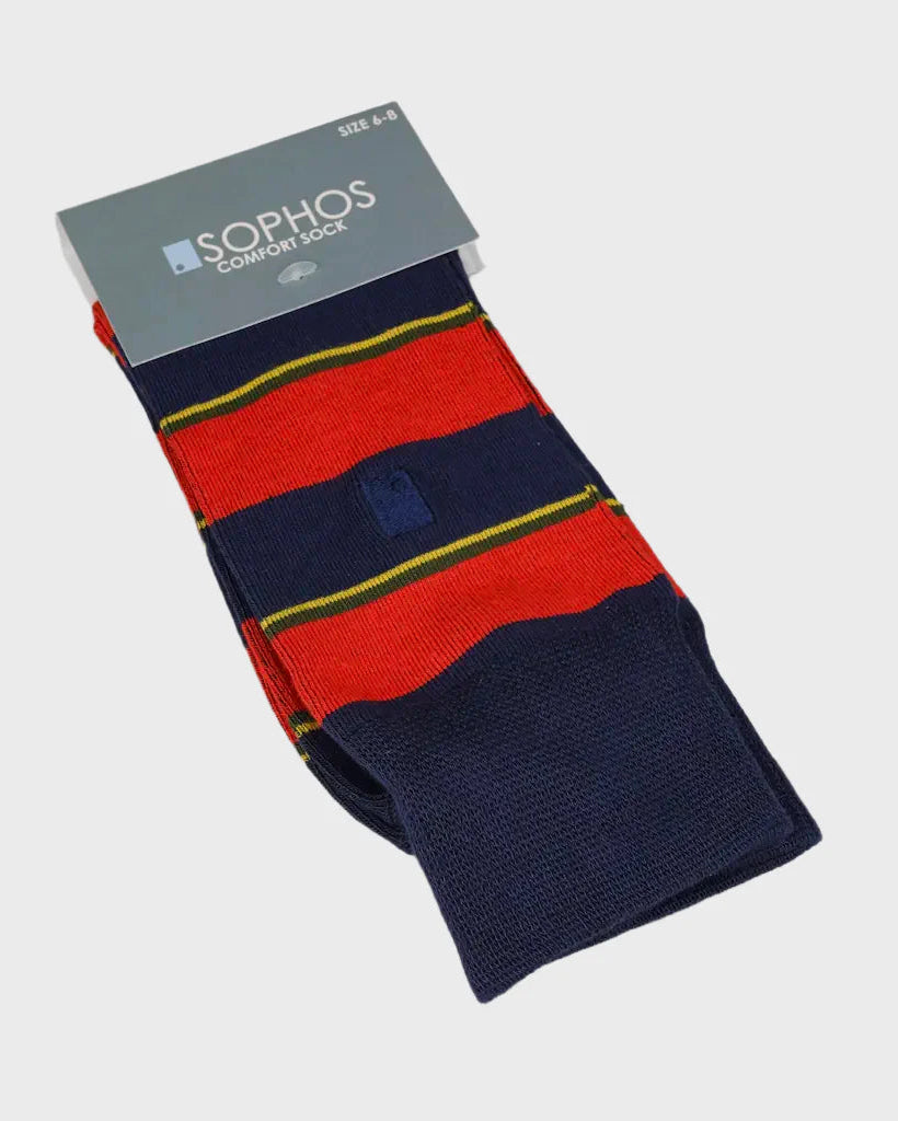 Packaged sock with red and navy stripes on a light gray background