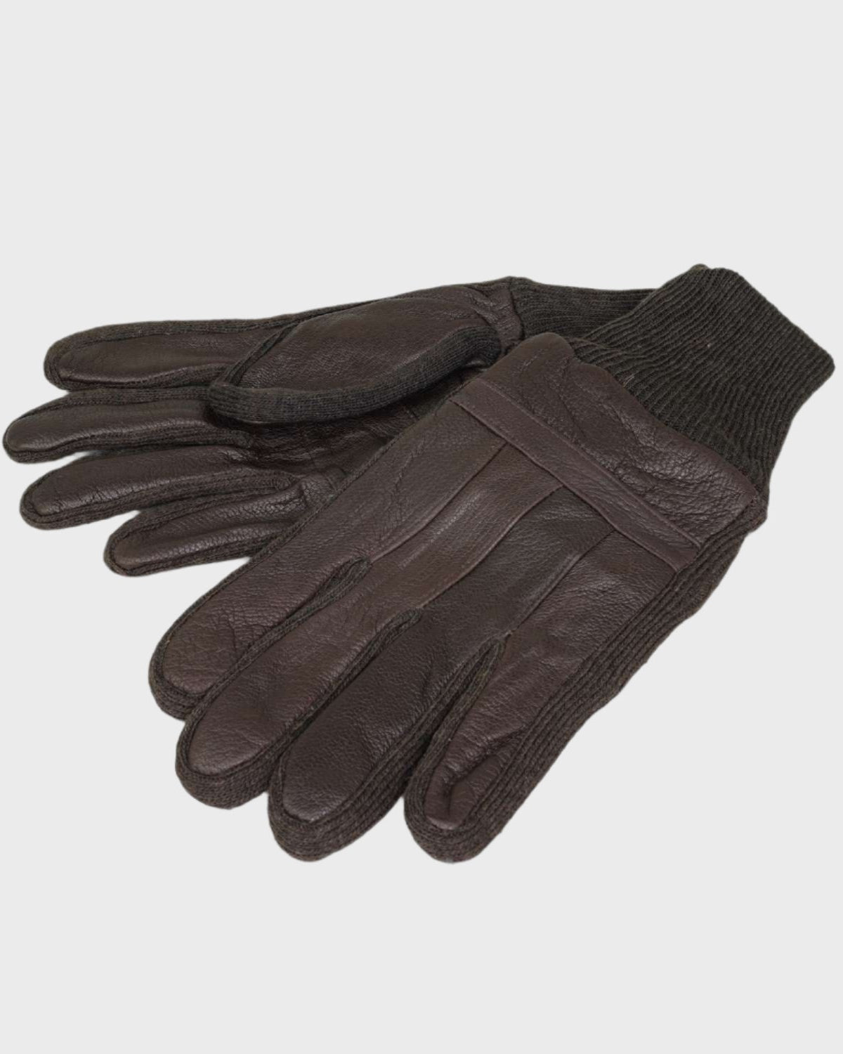 Pair of brown leather gloves on a light gray background