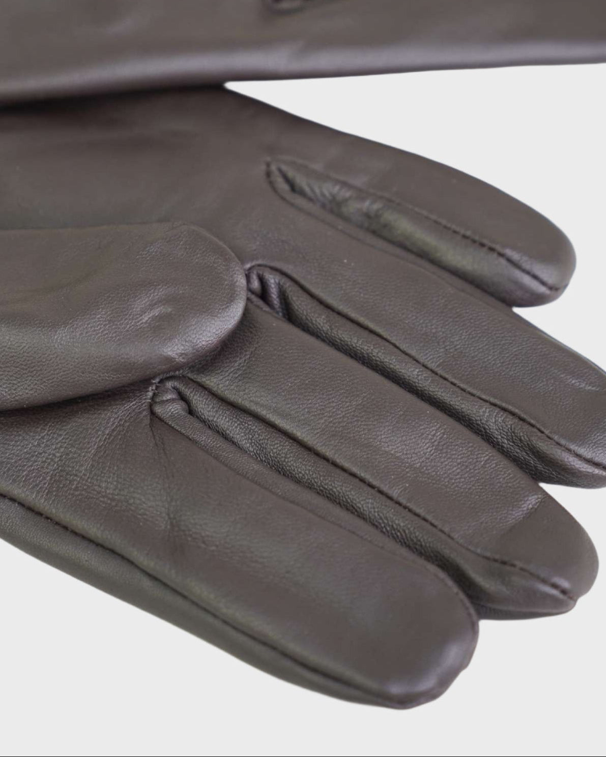 Pair of brown leather gloves on a light gray background