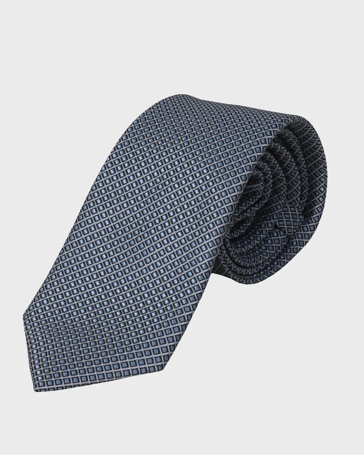 Patterned gray tie on a light gray background