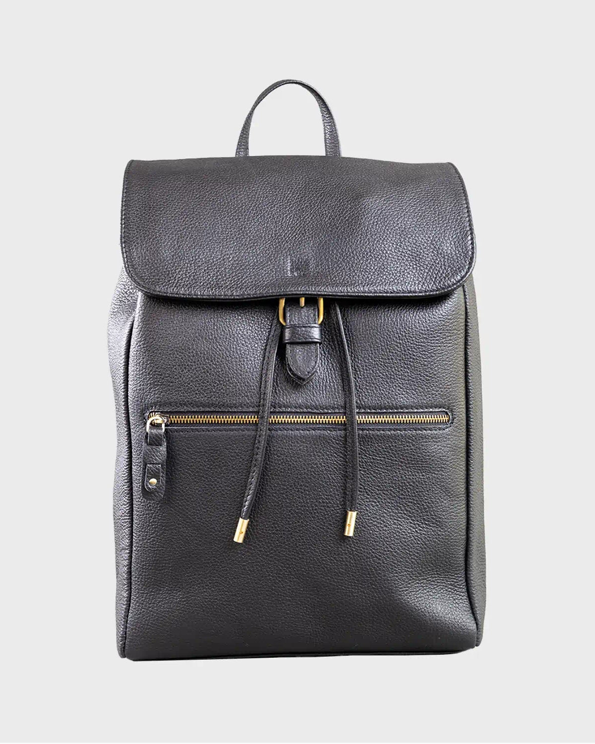 Black leather backpack with gold zipper on a light gray background