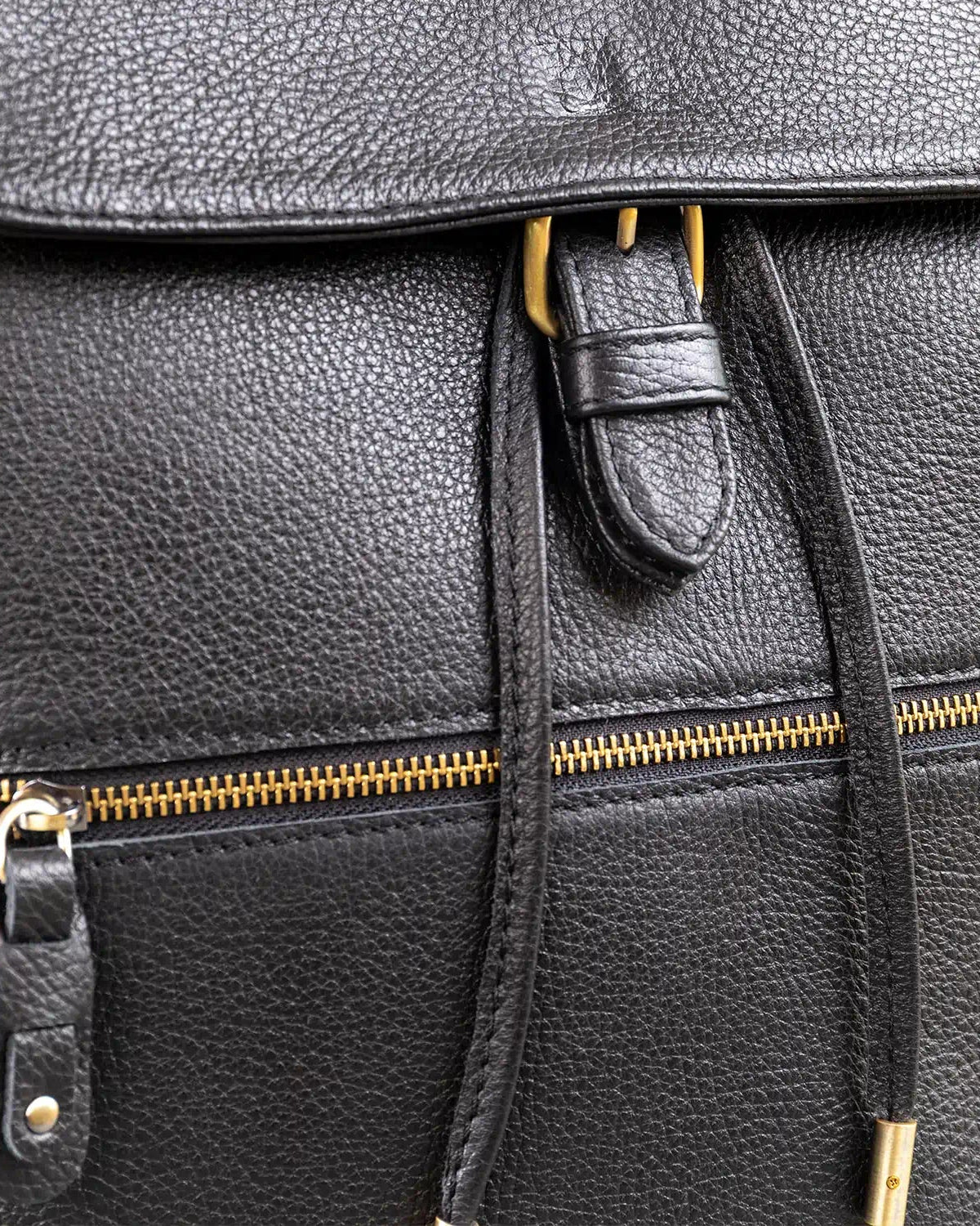 Close-up of a black leather backpack with gold zippers