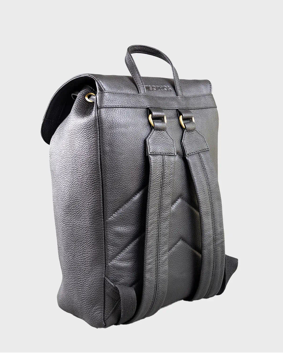 Black leather backpack on a light gray background