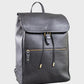 Black leather backpack on a light gray background