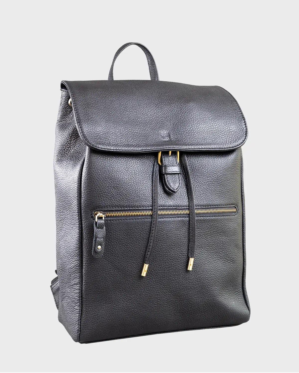 Black leather backpack on a light gray background