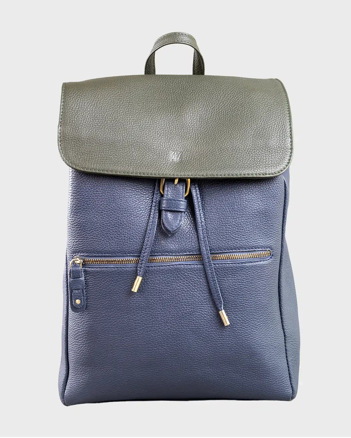 Two-tone backpack with a green top section and navy bottom section on a light gray background