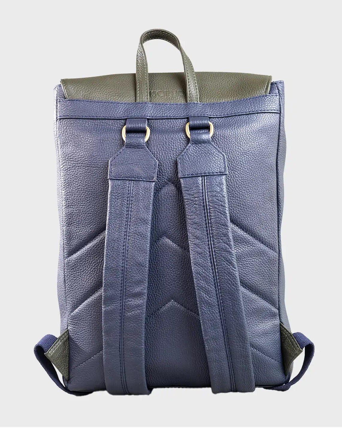 Navy backpack with green accents on a light gray background