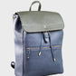 Navy backpack with a green flap on a light gray background