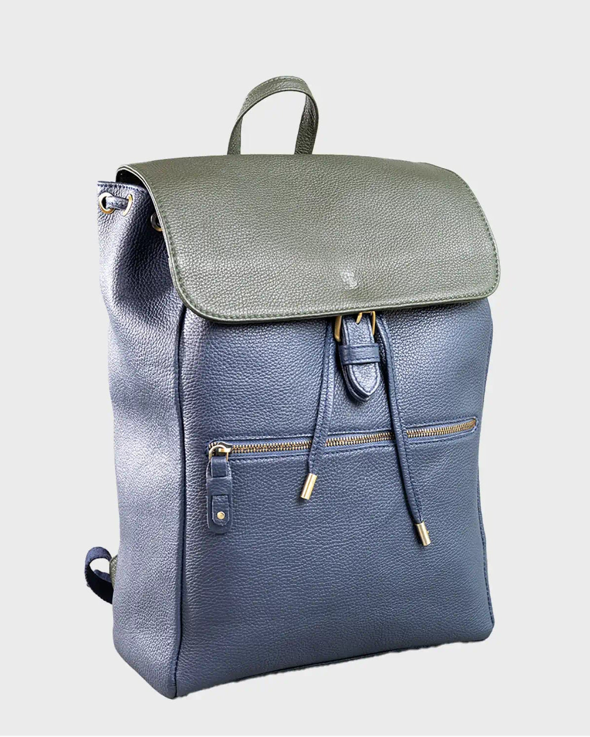 Navy backpack with a green flap on a light gray background