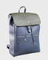 Navy backpack with a green flap on a light gray background