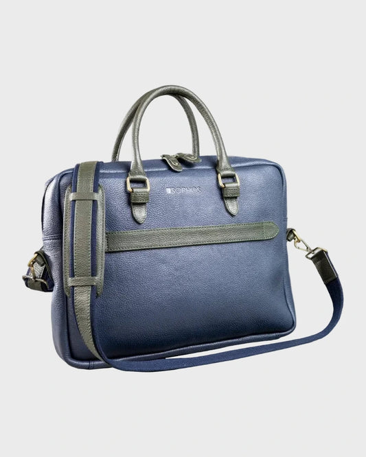Blue briefcase with green straps on a light grey background
