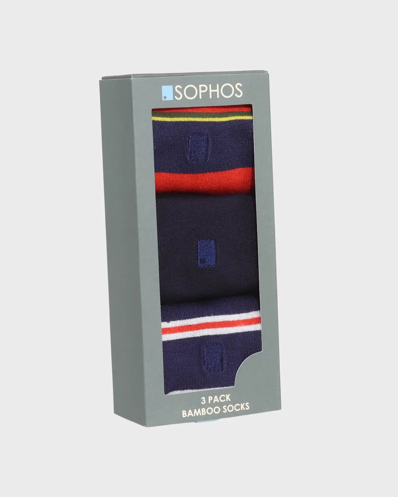 Pack of socks in a Sophos branded box on a light gray background