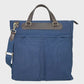 Navy bag with brown leather straps on a light gray background