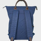 Navy backpack with brown handles on a light gray background