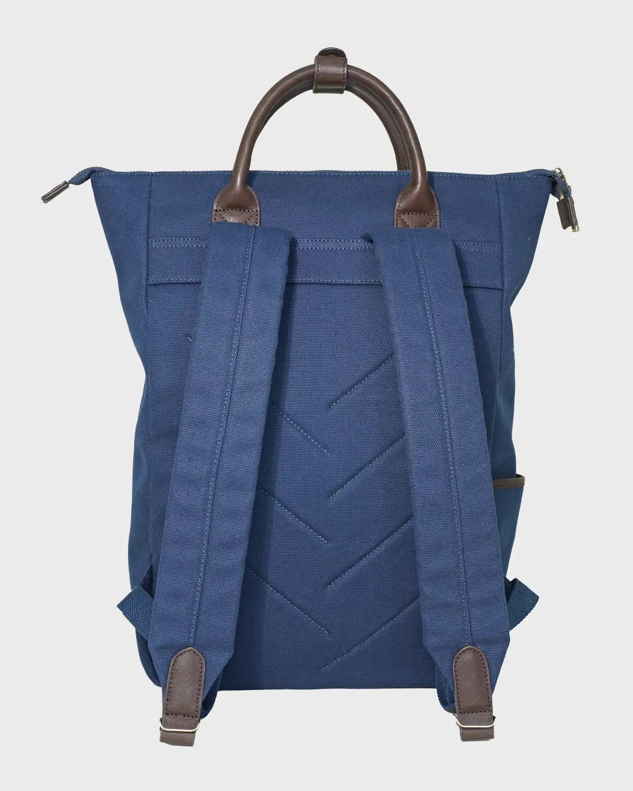 Navy backpack with brown handles on a light gray background