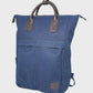 Navy backpack with brown handles on a light gray background