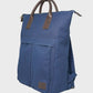 Navy backpack with brown handles on a light gray background