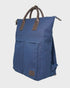 Navy backpack with brown handles on a light gray background