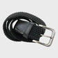 Black woven belt with a silver buckle on a light gray background