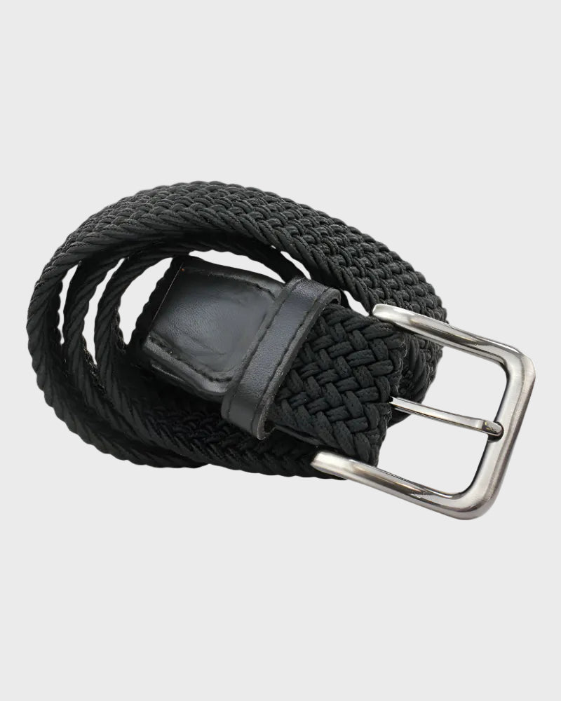 Black woven belt with a silver buckle on a light gray background