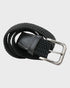 Black woven belt with a silver buckle on a light gray background