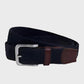 Navy woven belt with a silver buckle on a light gray background
