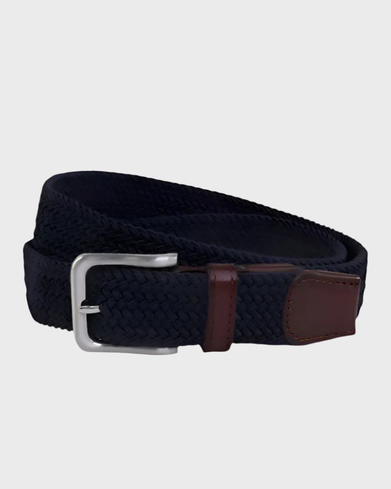 Navy woven belt with a silver buckle on a light gray background
