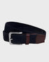 Navy woven belt with a silver buckle on a light gray background
