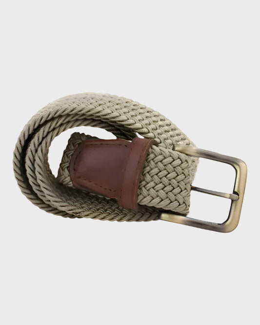 woven belt with a brass buckle on a light gray background