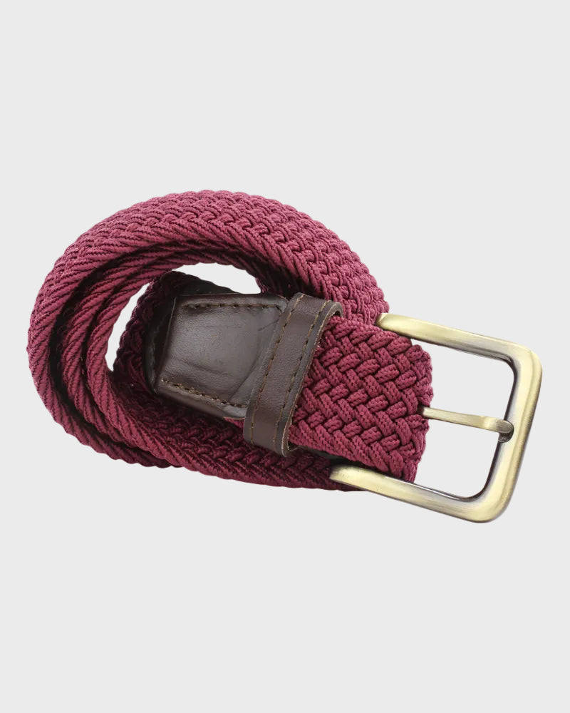 Burgundy woven belt with a brass buckle on a light gray background
