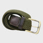 Khaki woven belt with a brass buckle on a light gray background