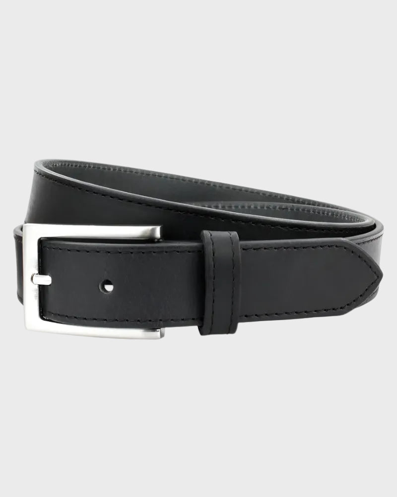 Black leather belt with silver buckle on a light gray background