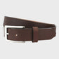 Brown leather belt with a silver buckle on a light gray background